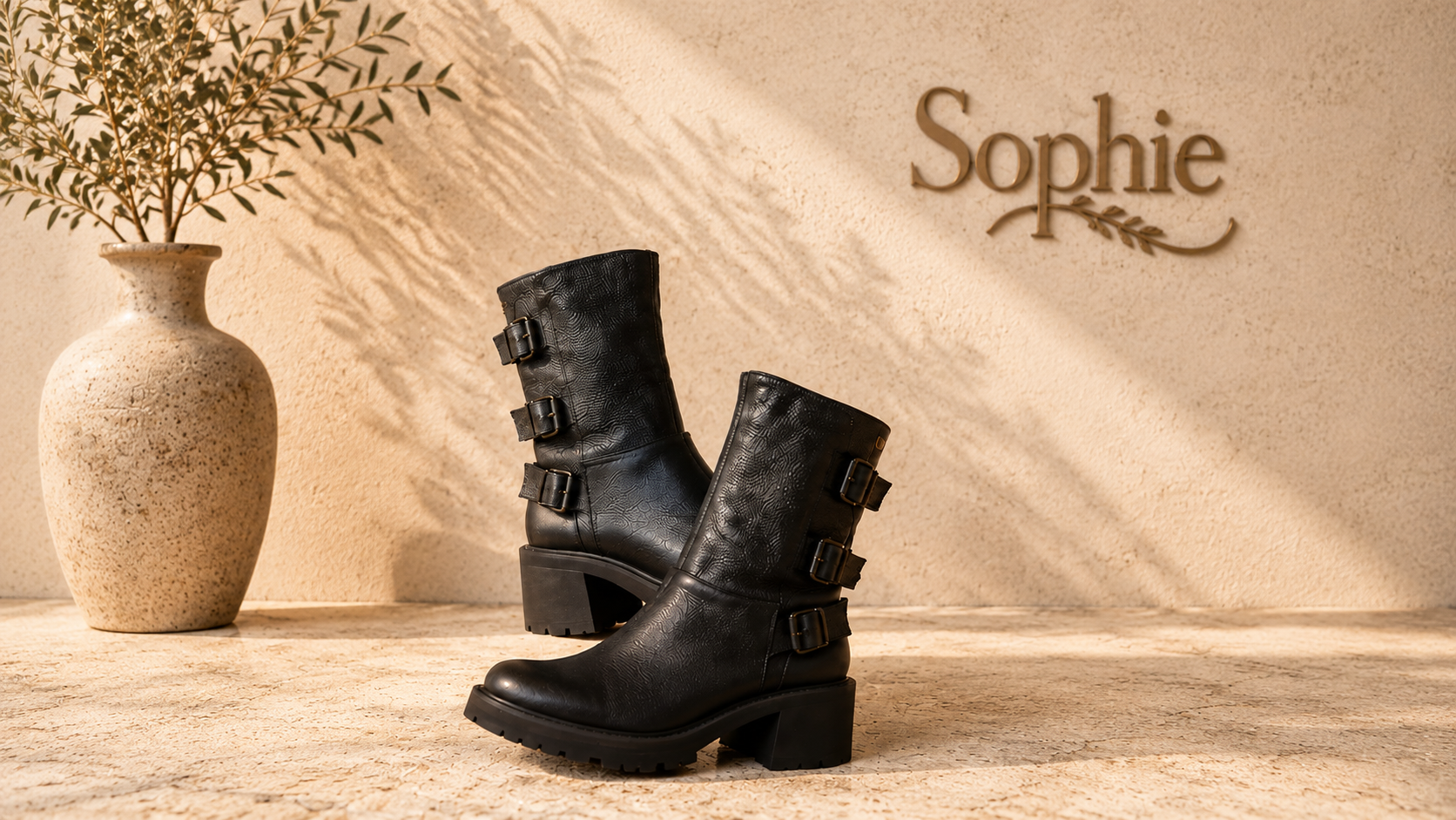 Bota Sophie Urban Preta com Fivelas e Salto Tratorado